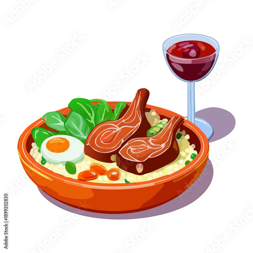Roasted chicken leg bowl with egg and vegetables served with a glass of red wine - Vector Illustration