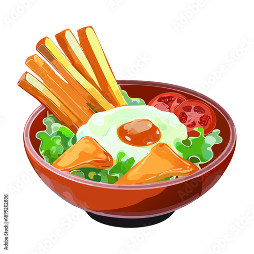 Fried egg bowl with crispy snacks and vegetables served in an orange ceramic dish - Vector Illustration