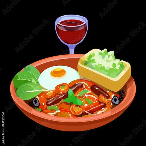 Breakfast plate with fried egg and meat served with a glass of red wine - Vector Illustration