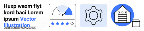 Rating gauge with stars, settings gear icon, and warehouse with attached small unit. Ideal for logistics, performance, business management, reviews, app development, optimization simple landing page