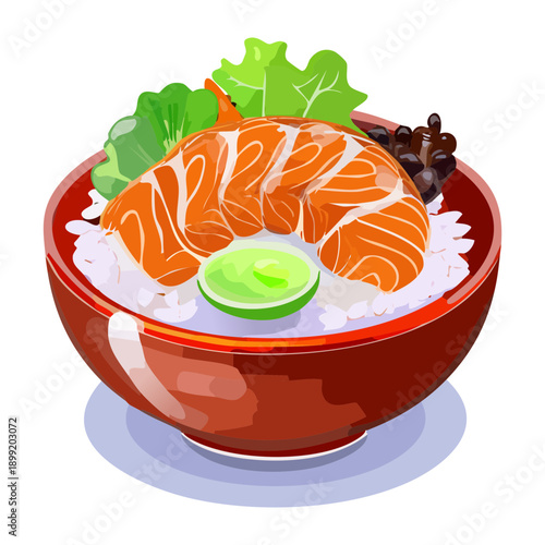 Gourmet salmon poke bowl with fresh herbs and lime served in an orange dish - Vector Illustration
