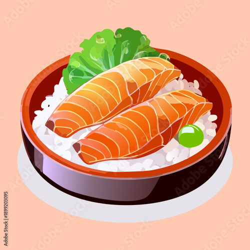 Two fresh salmon fillets served over rice in a simple purple ceramic bowl dish - Vector Illustration