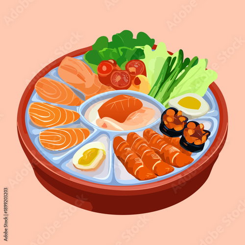 Assorted seafood platter with salmon and shrimp served in a divided wooden bowl tray dish - Vector Illustration