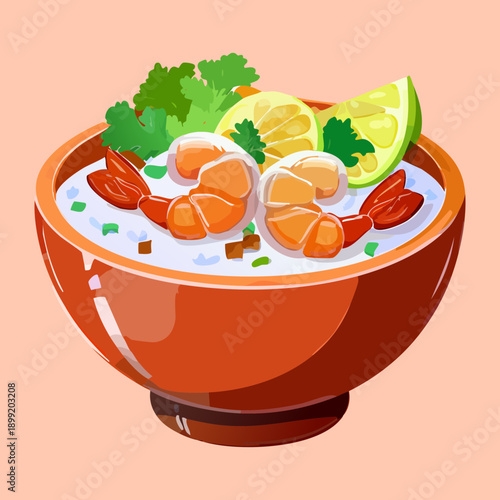 Gourmet seafood soup with shrimp and mussels served in a large orange ceramic bowl dish - Vector Illustration