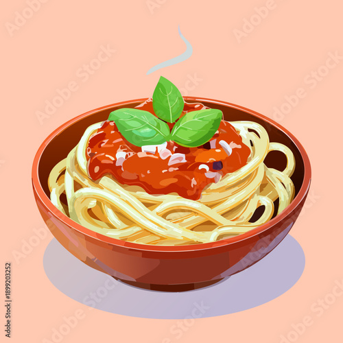 Italian spaghetti pasta bowl with tomato sauce and fresh basil leaves served in an orange dish - Vector Illustration