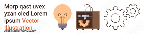 Innovation, 3D printing, manufacturing, prototyping, creativity, engineering. Light bulb, 3D printer and gear icons. Innovation and 3D printing concepts with technical and creative elements