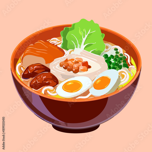 Hearty bowl of fresh noodles topped with egg and vegetables in a rich savory broth soup - Vector Illustration