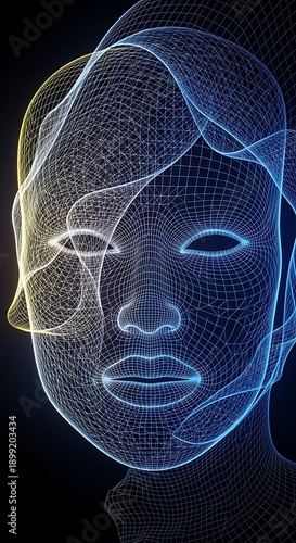 Abstract artificial intelligence human face wireframe with glowing digital mesh representing virtual identity, neural processing and advanced futuristic technology concept

