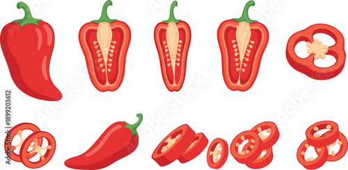 Red bell pepper vector set with whole and sliced capsicum pieces fresh vegetable flat illustration isolated on white background