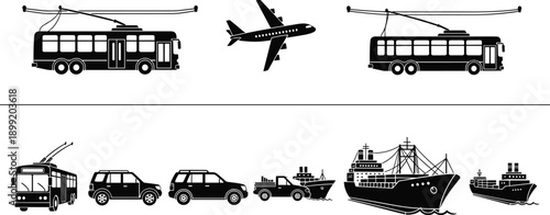 Silhouettes of land, air, and sea transportation including trolleybus, SUV, airplane, pickup truck, boat, and cargo ship