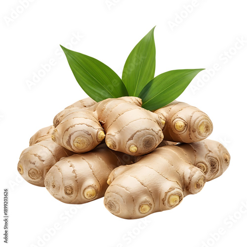 A pile of fresh ginger root with vibrant green leaves ideal for culinary or health related designs on transparent background