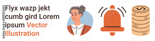 Senior wellbeing, alert notifications, financial planning, elderly communication, caregiving, personal finance. Elderly woman, alert bell stack of coins. Senior wellbeing and alert notifications