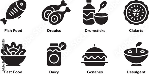 Collection of eight simple food icons presented in a grid