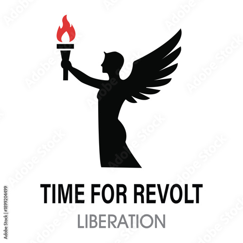 Time for Revolt Liberation Logo - Empowering Social Justice Branding with Winged Figure Silhouette and Flaming Torch Icon for Activism and Human Rights Movements