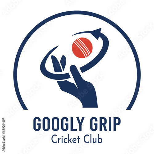 Googly Grip Cricket Club Logo - Professional Sports Branding with Spin Bowler Hand and Rotating Red Ball Icon for Cricket Academies and Leagues