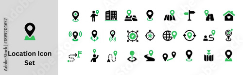 Location solid Icons Set. Time and location scheduling icons set. Clocks, maps and calendars. 