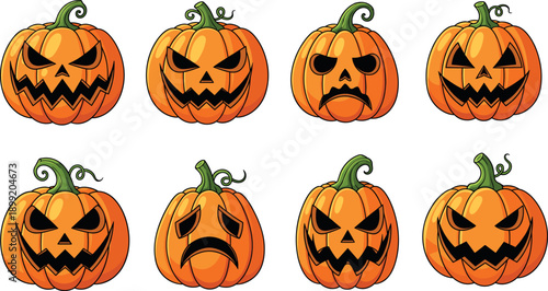 Set of Halloween jack o lantern pumpkin faces vector illustration collection for spooky holiday design