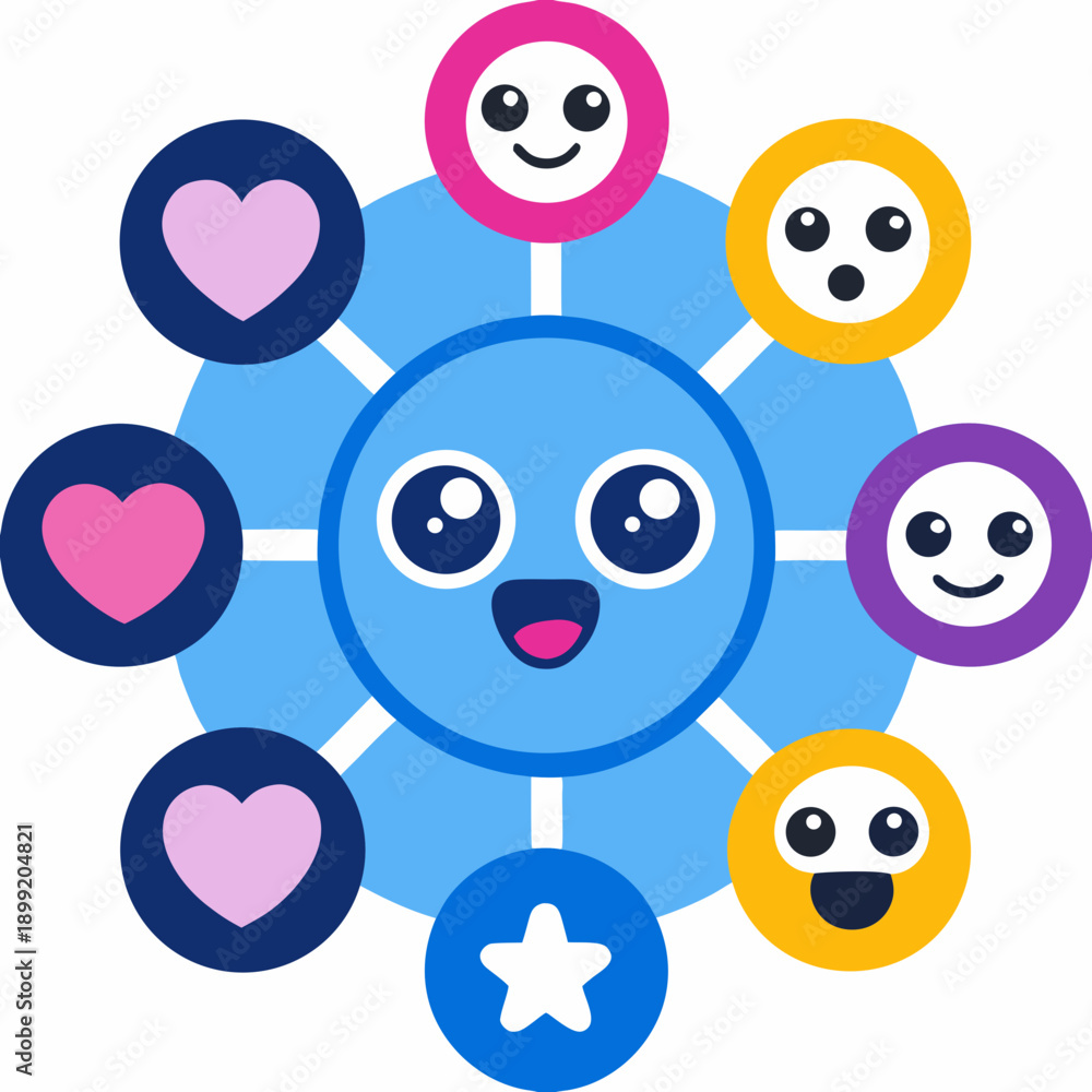 Obraz premium A cheerful blue character surrounded by various emoticons and symbols Vector