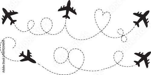 Set of airplanes flying with dashed lines illustrating flight paths