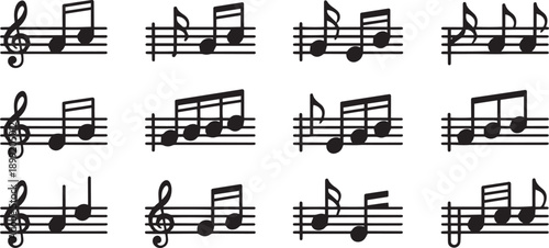 Collection of musical notes and clefs on transparent background