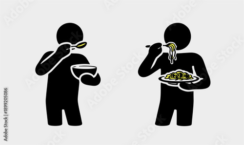 Man eating noodles and soup with spoon and fork icon set