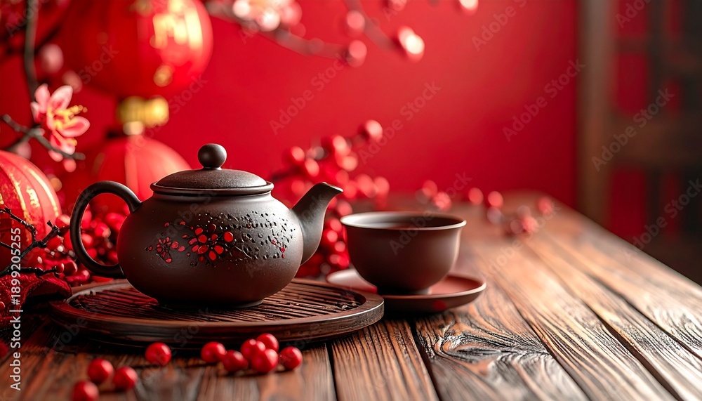 Fototapeta premium Elegant Dark Brown Tea Set with Red Accent on Wood Table in Red and Gold Chinese New Year Celebration Decor
