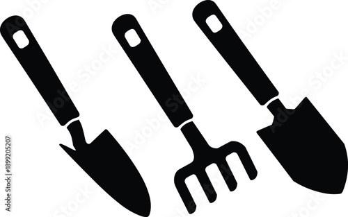 Black gardening hand tools silhouette collection featuring trowel rake and shovel isolated on white background for agriculture landscaping and planting