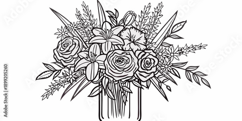 A detailed black and white illustration of a flower bouquet in a vase