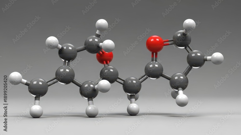 Fototapeta premium A 3D ball-and-stick model of an organic molecule with carbon, oxygen, and hydrogen atoms.