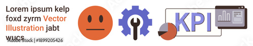 Business strategies, performance analysis, data optimization, process management, productivity tools, and benchmarking. Gear, wrench KPI with graphs. Business strategies and performance analysis