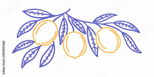 Stylized illustration of a branch with golden fruits and blue leaves