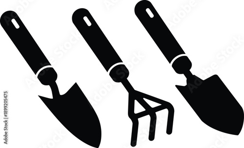 Black gardening hand tools silhouette set with trowel rake and shovel isolated on white background for farming landscaping and planting