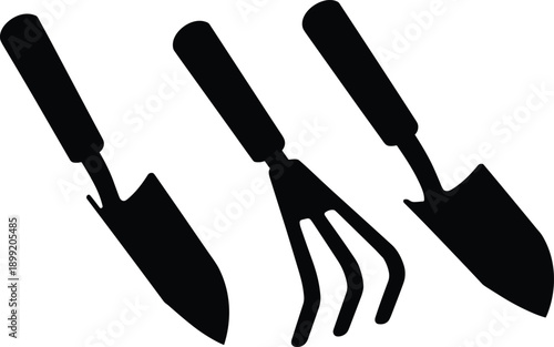 Black gardening tools silhouette set including trowel rake and shovel isolated on white background for landscaping agriculture and garden design