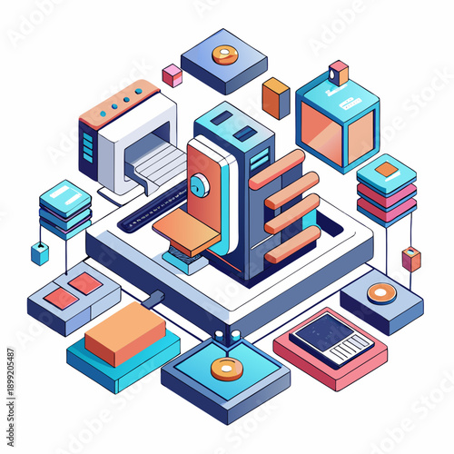 A vibrant and intricate illustration of interconnected digital devices and networks Vector