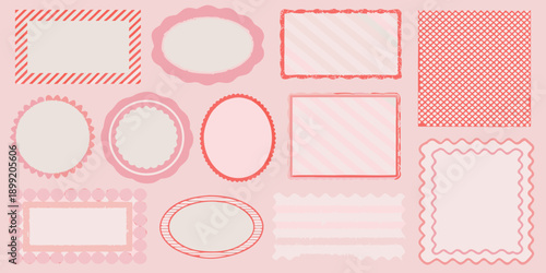An assortment of pink decorative frames and shapes on a light pink background