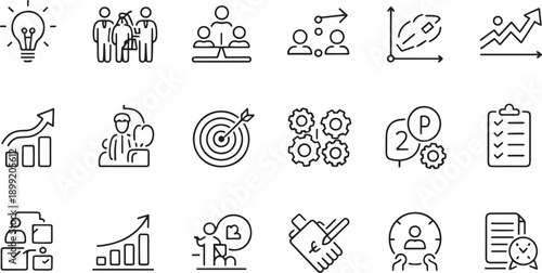 Set of business and teamwork icons in line art style