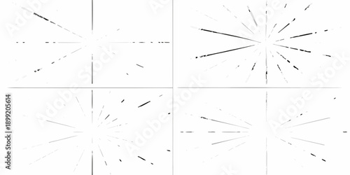 Four panel grid displaying starburst or explosion like patterns in black