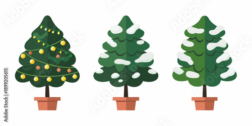 Three festive christmas trees in pots decorated with lights and snow