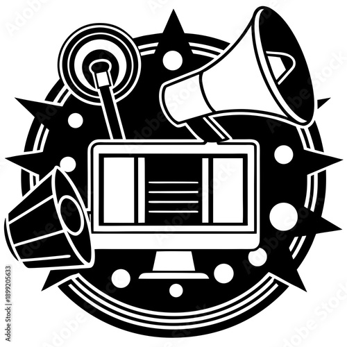 A vintage computer surrounded by various electronic devices and musical instruments Vector