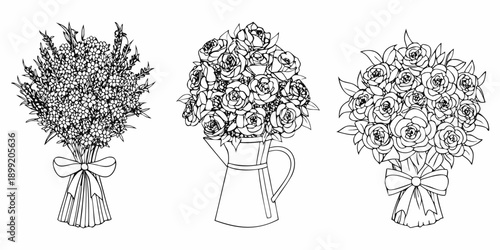Three sketched floral bouquets in vases depicting roses and lavender arrangements