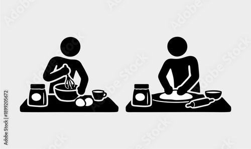Person kneading dough and whisking eggs for baking preparation icon set