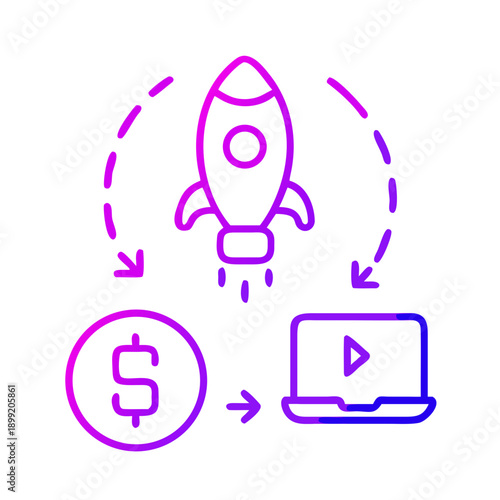 Launching a rocket with a dollar sign and a play button in a circular motion Vector