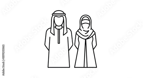 Outline icon depicting a traditional arab man and woman standing together side by side