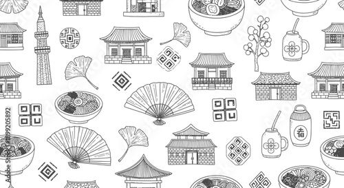 Cultural Illustrations of Asian Cuisine and Architecture in a Minimalist Style