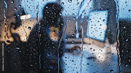 Rain drops on a blue glass window creating a clean and fresh abstract water texture