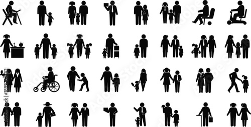 Black Silhouette Icons Representing Family Structures And Social Interactions Keywords: family, people, silhouette, icon, man