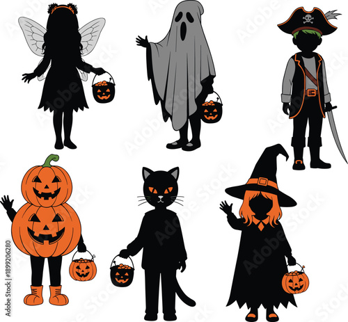 Halloween kids set vector silhouette featuring children in costumes like witch ghost pirate fairy pumpkin and black cat holding trick or treat pumpkin baskets isolated