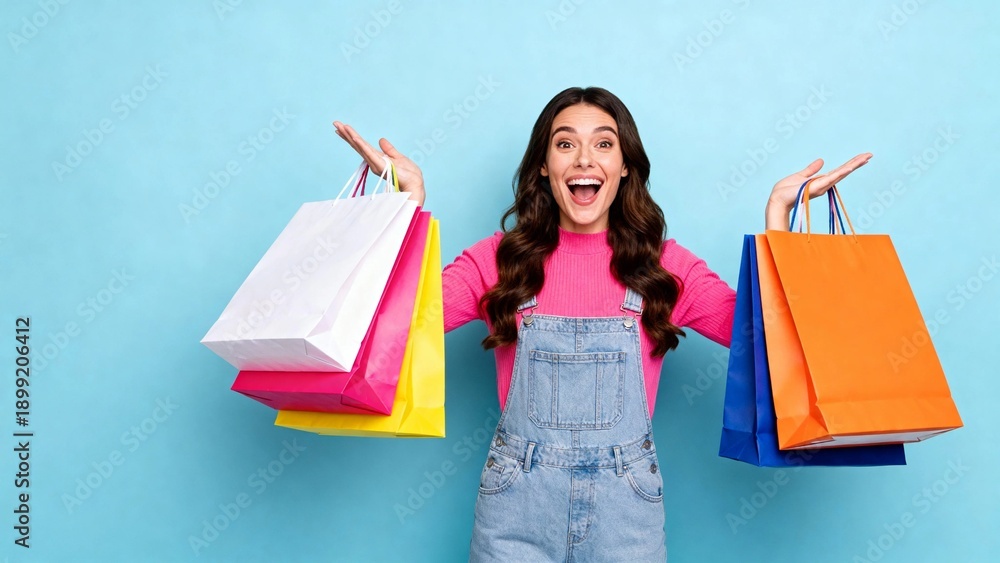 Fototapeta premium Happy Young Woman Showing Excitement and Joyful Expression on Colorful Studio Background