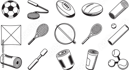 Collection of sports equipment and balls isolated on transparent background