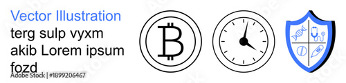 Digital currency, healthcare, security, time tracking, blockchain, data safety. Bitcoin symbol, clock face shield with health symbols. Cryptocurrency and healthcare protection concepts